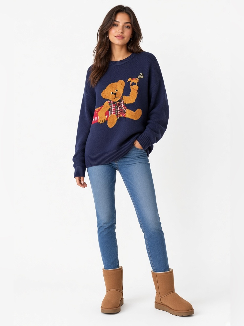 ASTON 
bear crewneck navy blue knit sweater honey and bee 100% cotton size M VTG